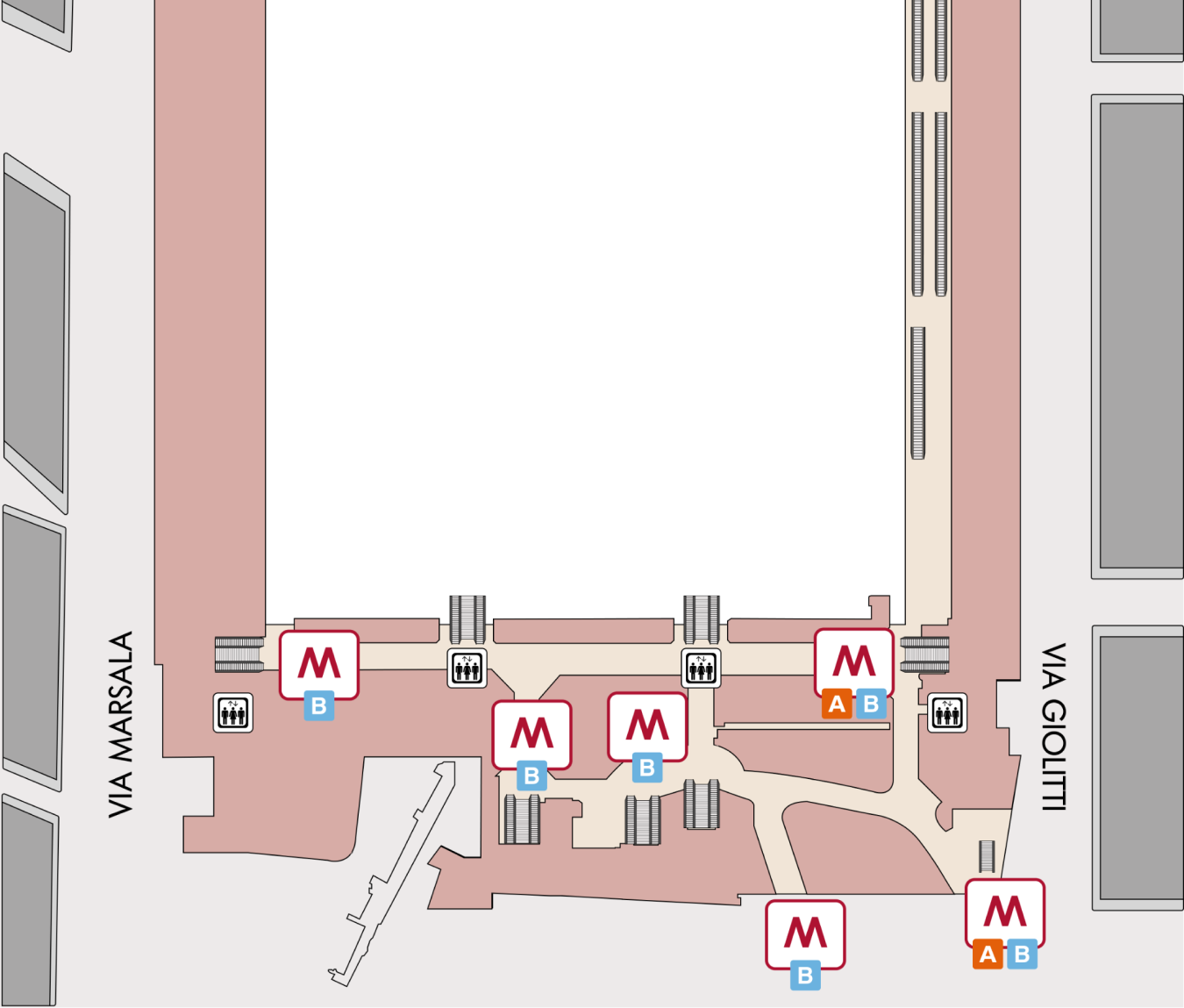 Planimetria ingressi metro A/B piano -1