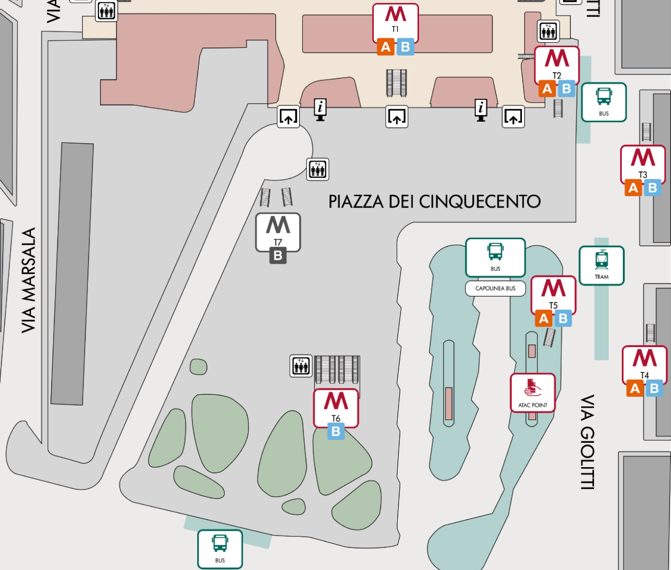 Planimetria piano terra ingresso metro A/B e fermata bus e tram